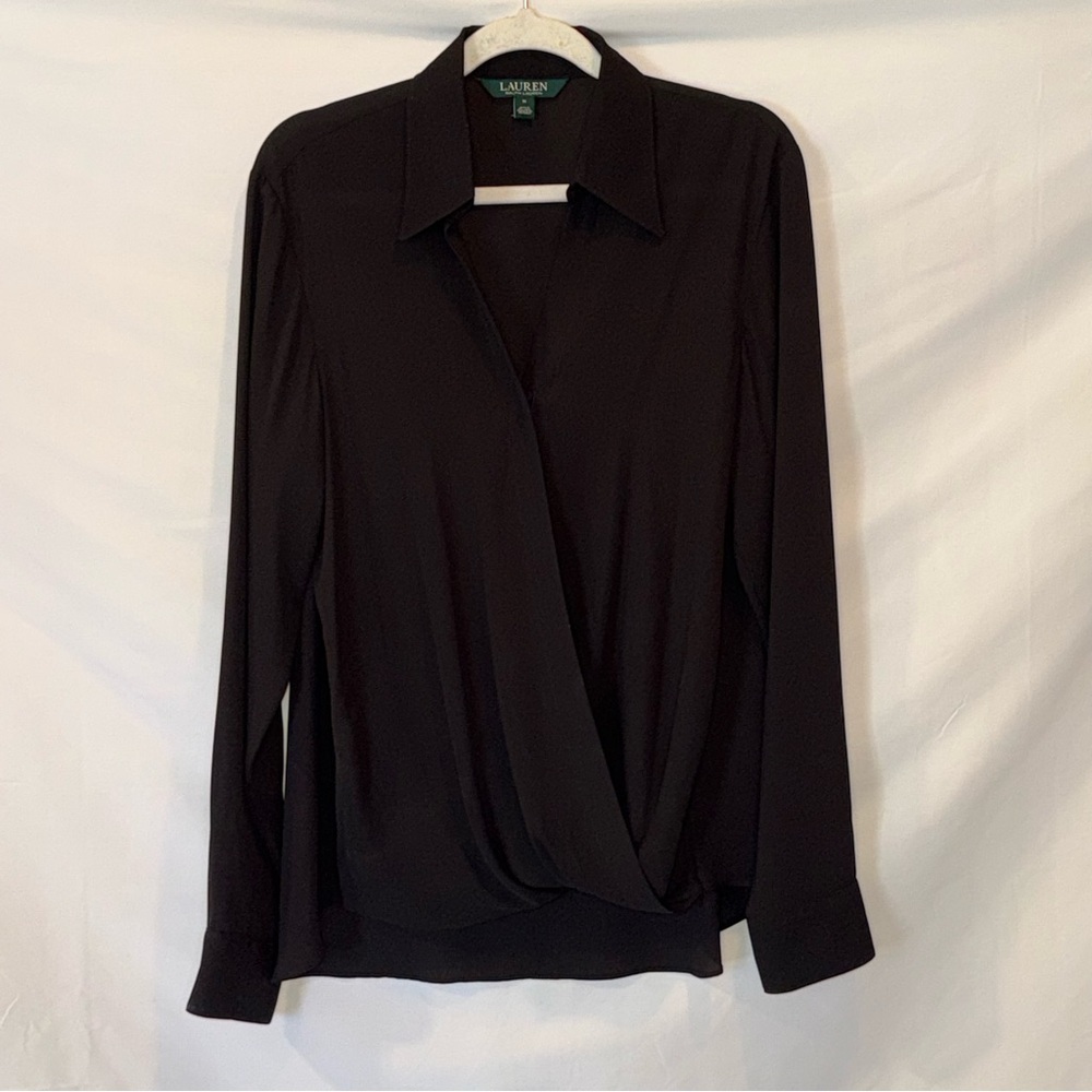 Lauren Ralph Lauren Black Draped Surplice V-Neck Collared Blouse M EUC Top